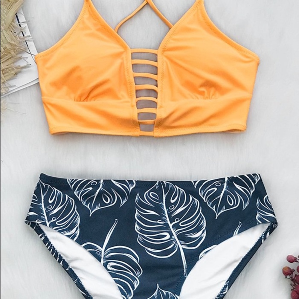 CUPSHE orange floral leaves bikini XL